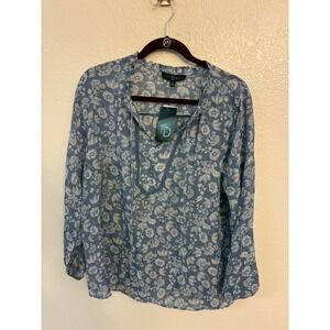 Fred David Blue White Floral Long Sleeve Peasant Blouse Split V-Neck XL NWT